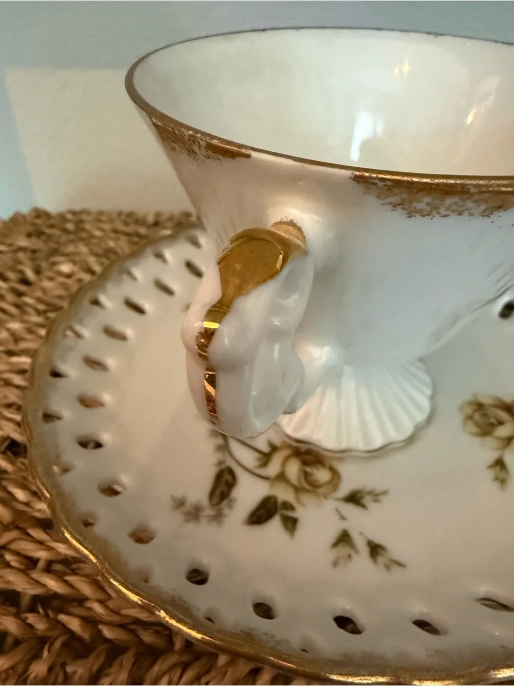 VTG Made in Japan Pedestal Tea Cup & Reticulated Saucer Set Gold Yellow Rose